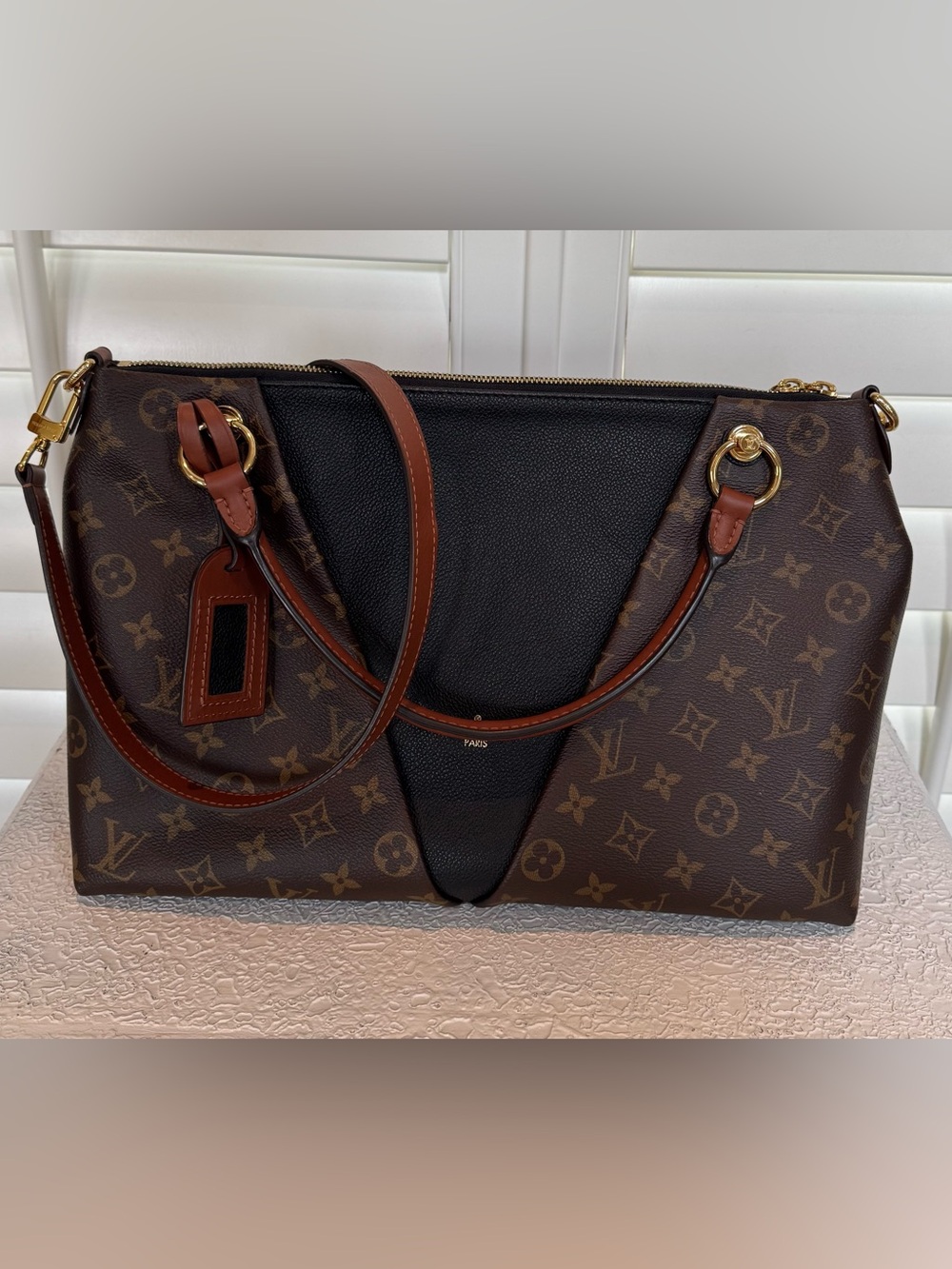 Louis Vuitton Brown Monogram with Black V-Panel Shoulder Bag